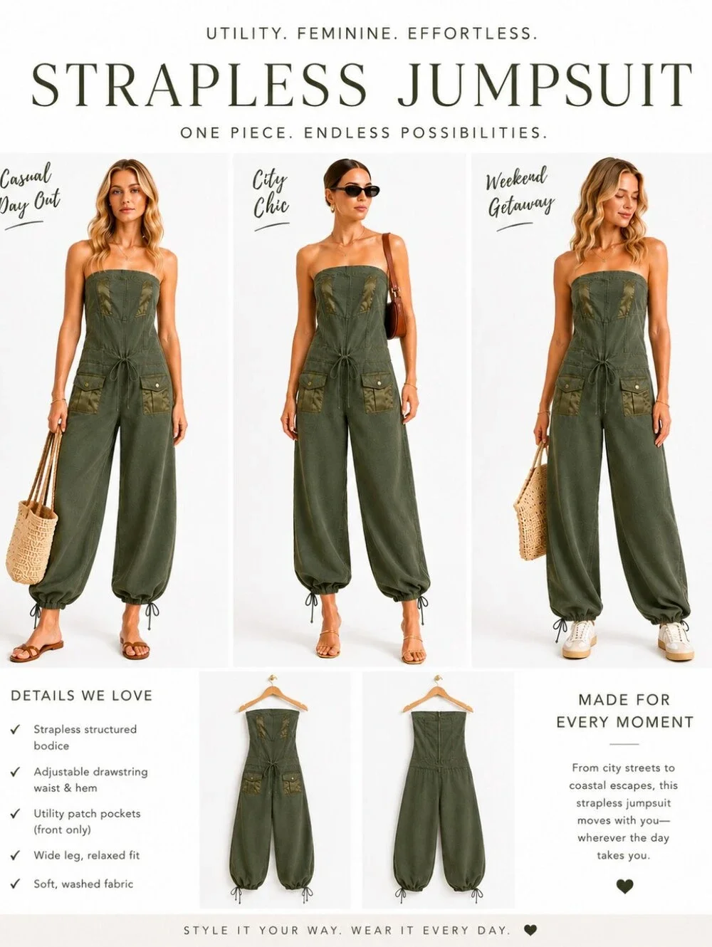 Hotkiss Olive Green Chic  Strapless Utility Jumpsuit | Size L - Picture 4 of 8
